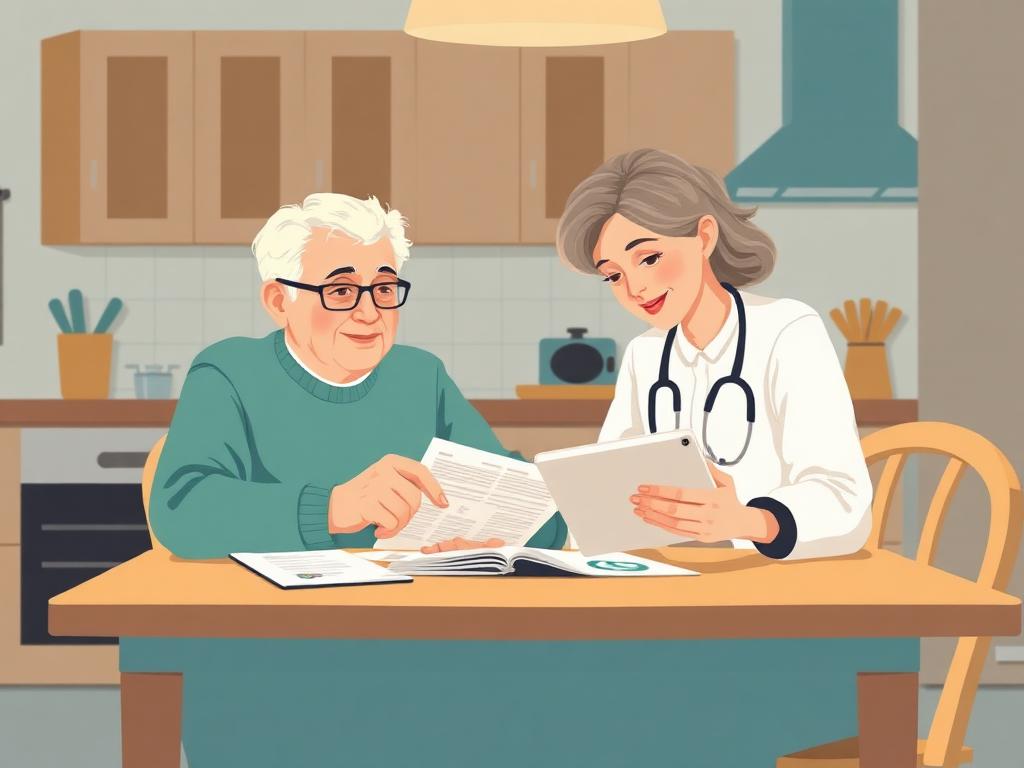 An older adult and caregiver reviewing medical documents together at a kitchen table
